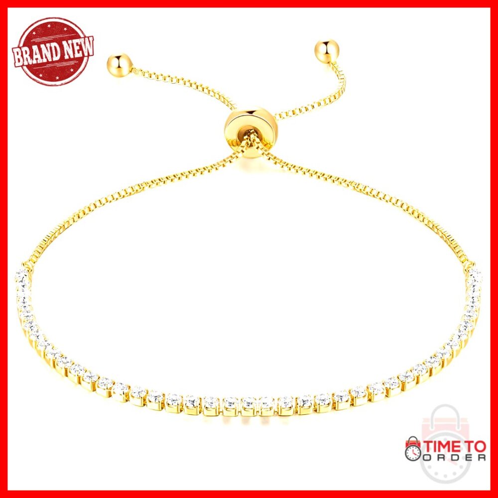 Adjustable Tennis Bracelet 14k Gold Plated Cubic Zirconia Minimalist